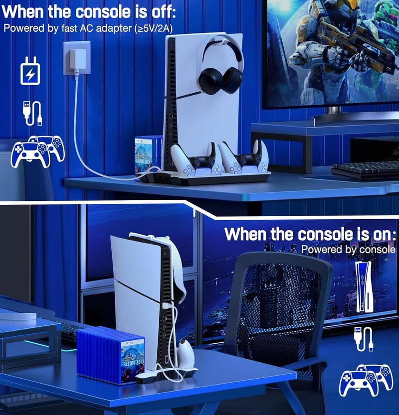 Svetaecho PS5 Slim Stand and Turbo Cooling Station with Controllers Charger Station for Playstation 5, PS5 Pro Console Accessories with 3 Levels Cooling Fan 13-Game Organizer Headset Holder for PS5 Digital/Disc - Image 4
